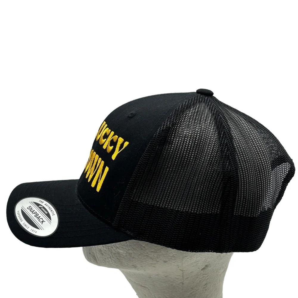 I Got Lucky At Uptown Trucker Hat Black Yellow Embroidered Snapback Cap Yupoong
